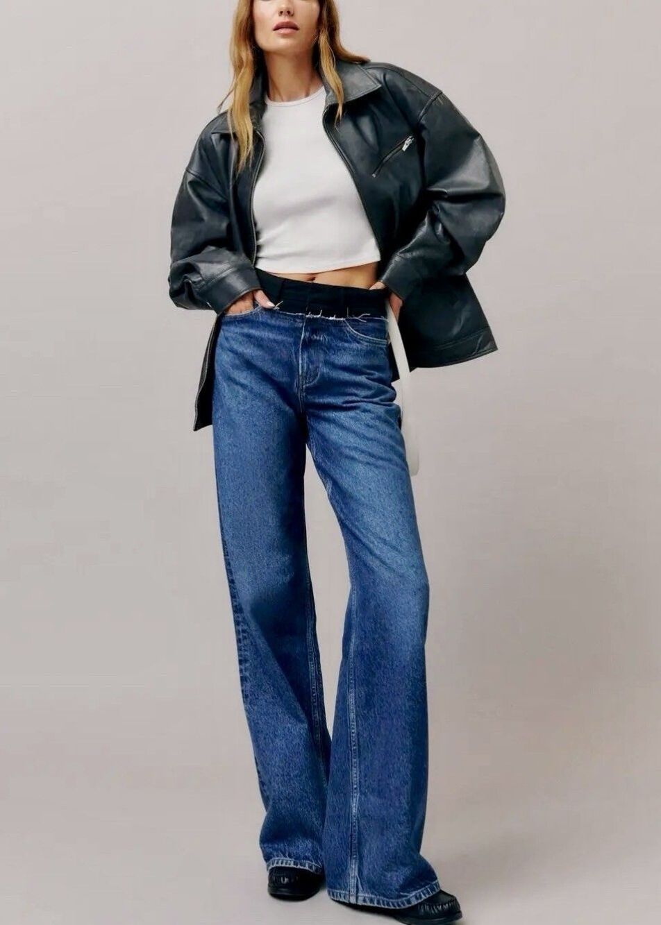 Reformation Cary Double Waistband High Rise Slouchy Wide Leg Jeans Black 25 nwot